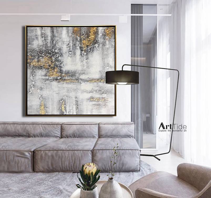 Grey Hand-painted Handmade Leaf Contemporary Abstract Canvas Artwork V7AYK